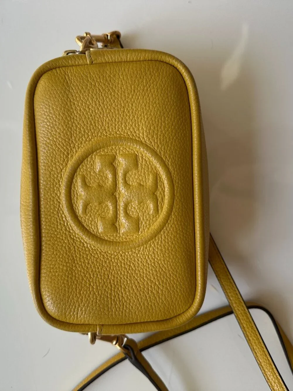 Tory Burch Yellow Mustard Pebbled Leather Mini Crossbody Bag